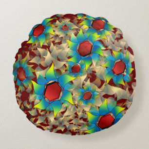 Weird virtual flowers, bluish petals on dark red round cushion