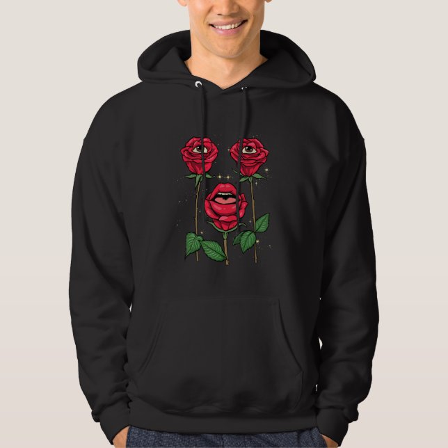 Weirdcore Aesthetic Peeping Red Roses Flower Flora Hoodie (Front)