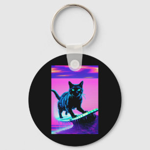 Weirdcore Cat Surfing Vortex Glitch Trippy Vaporwa Key Ring