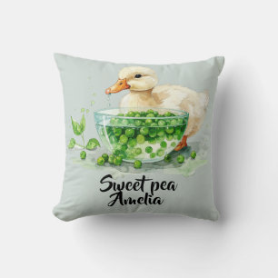 Weiße Ente ißt Erbsen aus Schale  Cushion