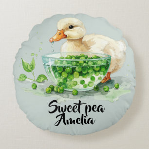 Weiße Ente ißt Erbsen aus Schale Round Cushion