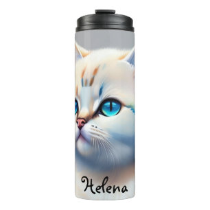 weiße Katze mit blauen Augen Wasserfarbenbild Thermal Tumbler
