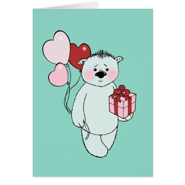 Weißer Teddybär mit einem Geschenk und Luftballons (Front)