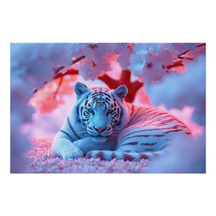 Weißer Tiger unterm Kirschblüten Baum Poster