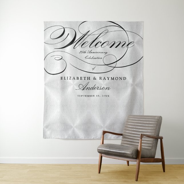 Welcome 25th Anniversary Elegant Silver Script Tapestry (In Situ)