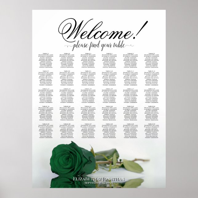 Welcome! 30 Table Emerald Green Rose Seating Chart (Front)