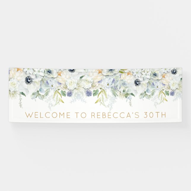 Welcome 30th Birthday Party Name Florals Leaves Banner (Horizontal)