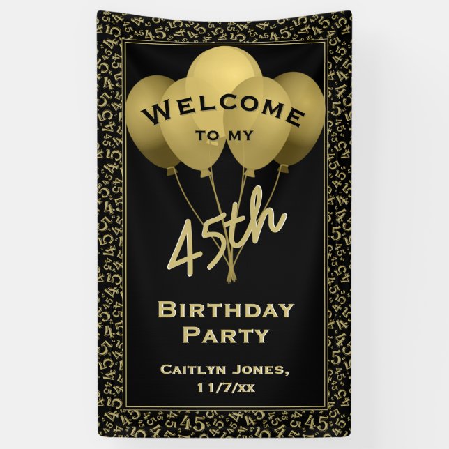 Welcome 45th Birthday Number Patten Gold and Black Banner (Vertical)