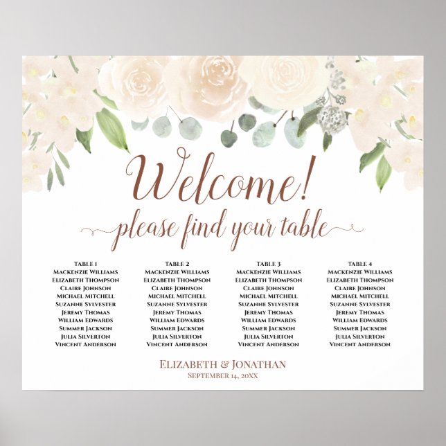 Welcome! 4 Table Blush Peach Floral Seating Chart (Front)
