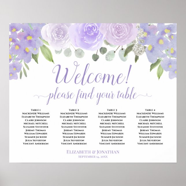 Welcome! 4 Table Pale Purple Roses Seating Chart (Front)