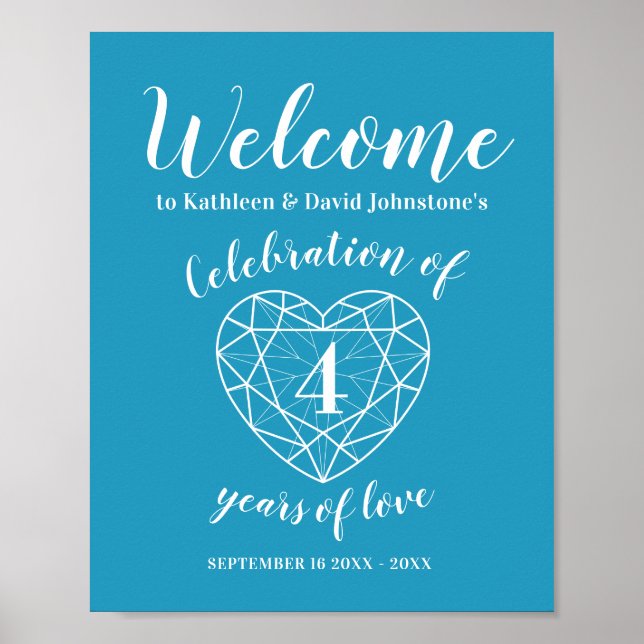 Welcome 4th anniversary heart personalised blue poster (Front)