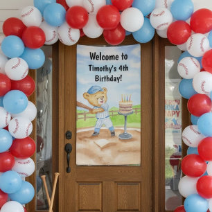 Welcome 4th Birthday Tee Ball Teddy Bear Baseball Banner