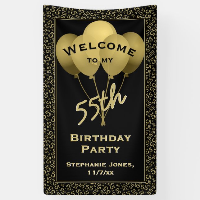 Welcome 55th Birthday Number Patten Gold and Black Banner (Vertical)