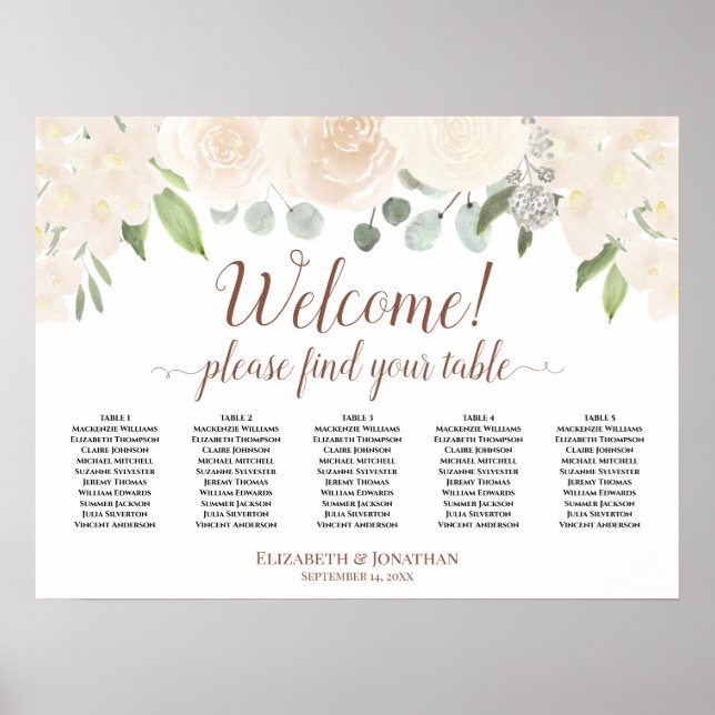 Welcome! 5 Table Blush Peach Floral Seating Chart (Front)