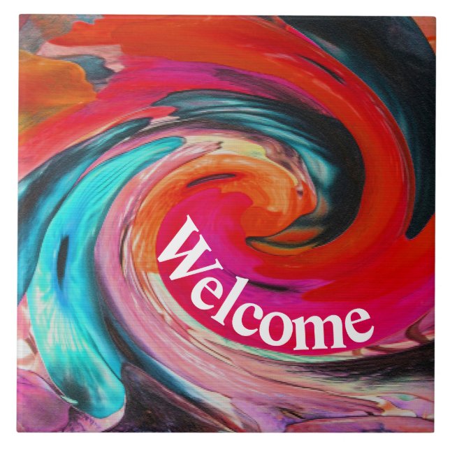 Welcome 60's Swirled Tie Dye Colourful House Renta Ceramic Tile (Front)