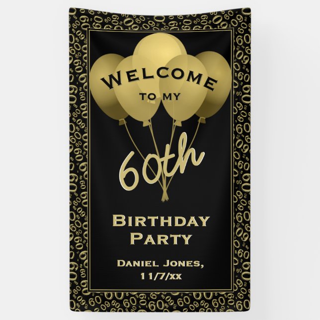 Welcome 60th Birthday Number Patten Gold amd Black Banner (Vertical)