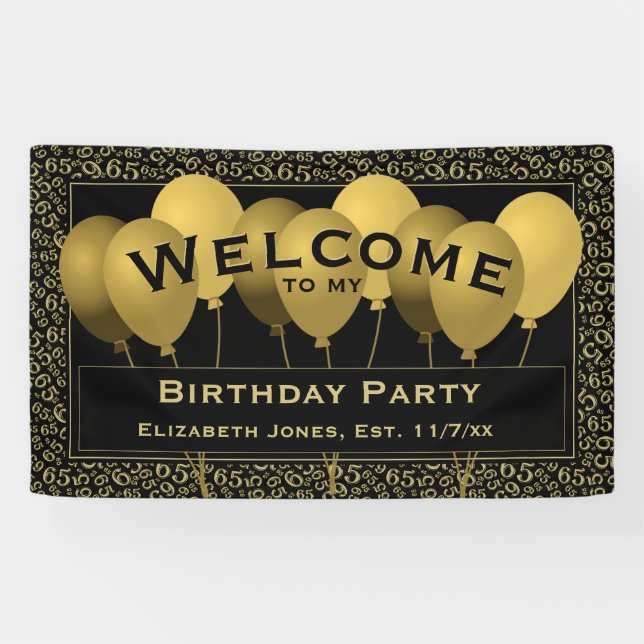 Welcome 65th Birthday Number Pattern | Black/Gold  Banner (Horizontal)