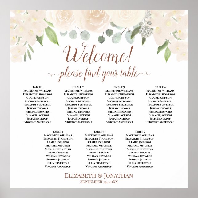 Welcome! 7 Table Blush Peach Floral Seating Chart (Front)