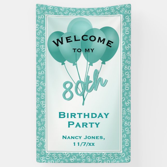 Welcome 80th Birthday Number Pattern - Teal/White Banner (Vertical)