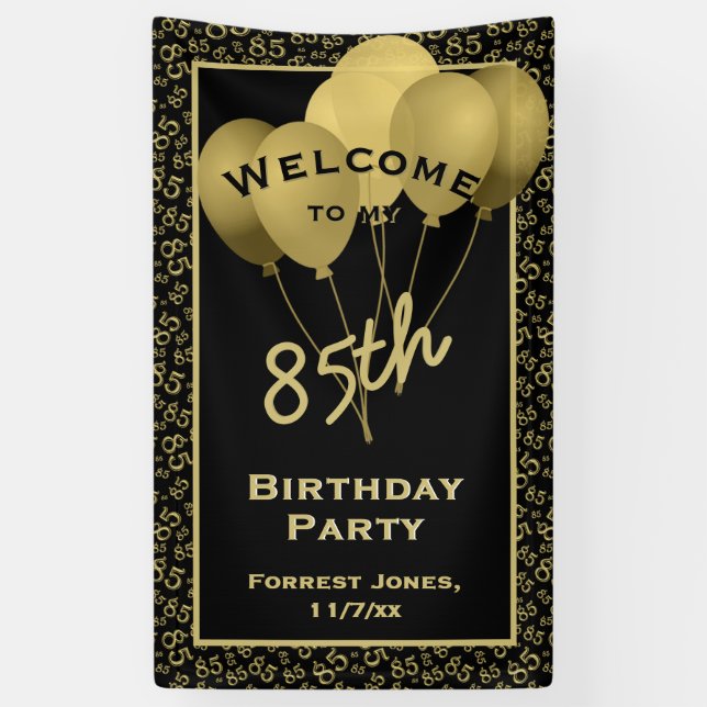 Welcome 85th Birthday Number Patten Black and Gold Banner (Vertical)
