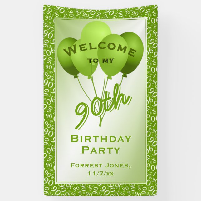 Welcome 90th Birthday Number Pattern - Green/White Banner (Vertical)