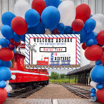 Welcome Aboard 5th Birthday Express Train Banner<br><div class="desc">Modern,  fun steam locomotive choo choo train striped "Welcome Aboard the Birthday Express" birthday party design which can be modified for any age child.  The design is complimented with a red frame and a blue and white striped background.  Original design by Holiday Hearts Designs (all rights reserved).</div>