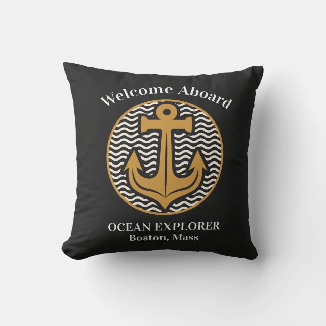 Welcome Aboard Any Boats Name Anchor Black Cushion (Front)