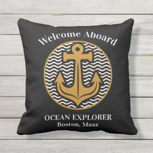 Welcome Aboard Any Boats Name Anchor Black Cushion