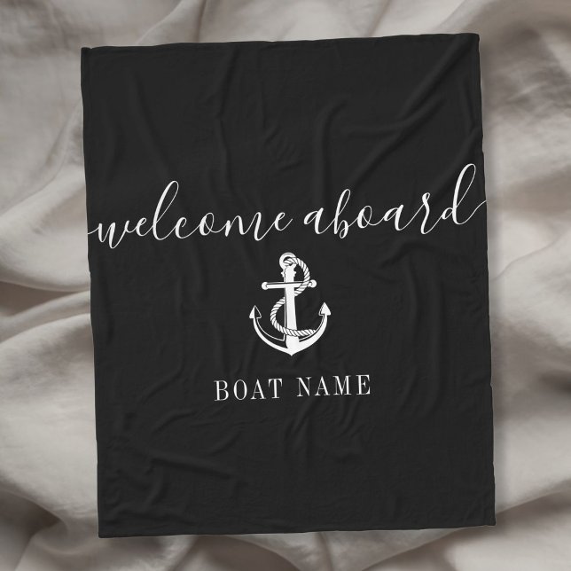 Welcome Aboard Black And White Anchor Boat Name Fleece Blanket (Welcome Aboard Black And White Anchor Boat Name Fleece Blanket)