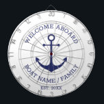 Welcome Aboard blue nautical anchor boat name Dartboard<br><div class="desc">Welcome Aboard, Custom Boat name or Family name, nautical navy blue anchor and text Fully customisable text. So you can personalise it and make it unique. nautical sailing text, captain name, boat name, family name, entrance sign, etc Navy blue text and anchor on white background. Colours are editable. This dartboard...</div>