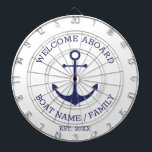 Welcome Aboard blue nautical anchor boat name Dartboard<br><div class="desc">Welcome Aboard, Custom Boat name or Family name, nautical navy blue anchor and text Fully customisable text. So you can personalise it and make it unique. nautical sailing text, captain name, boat name, family name, entrance sign, etc Navy blue text and anchor on white background. Colours are editable. This dartboard...</div>
