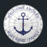 Welcome Aboard blue nautical anchor custom name  Dartboard<br><div class="desc">Welcome Aboard, Custom Boat name or Family name, nautical navy blue anchor and text Fully customisable text. So you can personalise it and make it unique. nautical sailing text, captain name, boat name, family name, entrance sign, etc Navy blue text and anchor on white background. Colours are editable. This dartboard...</div>