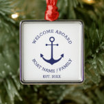 Welcome Aboard blue white Custom nautical anchor Metal Ornament<br><div class="desc">Custom Boat name or Family name,  Welcome Aboard,  nautical anchor navy blue and white Christmas metal Ornament.
Customise text nautical sailing text,  captain name,  boat name,  family name,  etc
great for sailors,  boaters,  sailing and boating 
Happy sailing!</div>