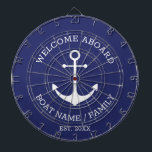 Welcome Aboard blue white nautical anchor name Dartboard<br><div class="desc">Welcome Aboard, Custom Boat name or Family name, nautical anchor and personalised text. Fully customisable text. So you can personalise it and make it unique. nautical sailing text, captain name, boat name, family name, entrance sign, etc White text and anchor on navy blue background. Colours are editable. This dartboard is...</div>