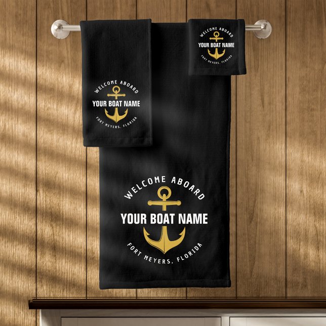 Welcome Aboard Boat Black & Gold Nautical Anchor Bath Towel Set (Creator Uploaded)