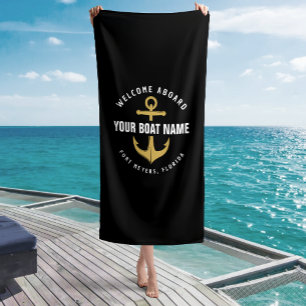 Welcome Aboard Boat Black & Gold Nautical Anchor Beach Towel