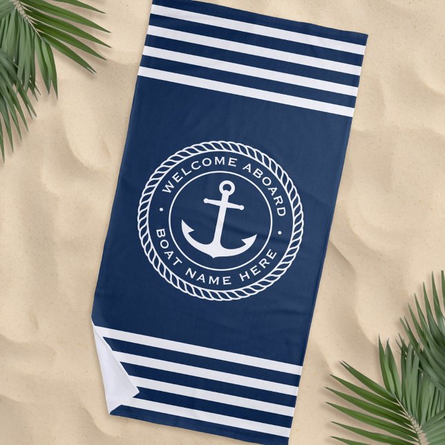 Welcome aboard boat name anchor and rope dark blue beach towel (Creator Uploaded)