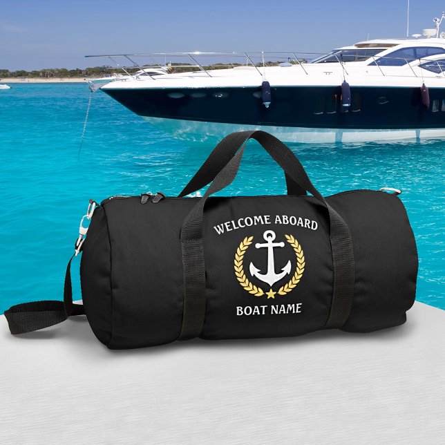 Welcome Aboard Boat Name Anchor Gold Laurel Black Duffle Bag (2 sizes to choose from. Edit to change to any color needed.)