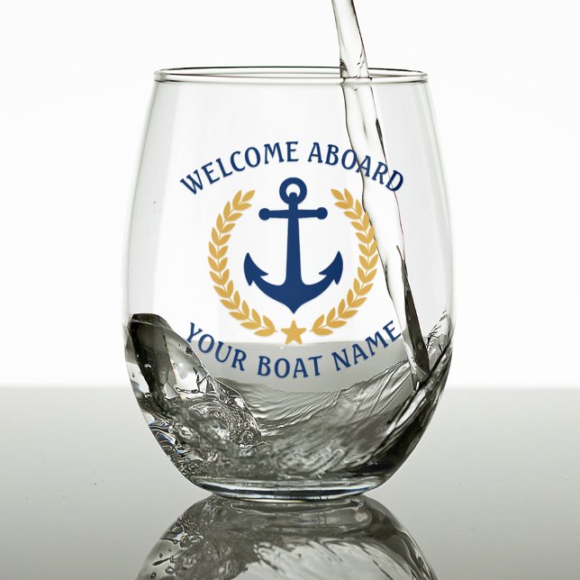 Welcome Aboard Boat Name Anchor Gold Laurel Blue Stemless Wine Glass (Creator Uploaded)