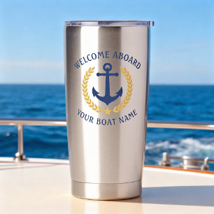 Welcome Aboard Boat Name Anchor Gold Laurel Navy Insulated Tumbler