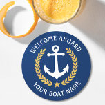 Welcome Aboard Boat Name Anchor Gold Laurel Navy Round Paper Coaster<br><div class="desc">A stylish nautical themed set of paper coasters with welcome aboard and your personalised boat name, family name or other desired text. Features a custom designed boat anchor with gold style laurel leaves and a star on classic navy blue or easily customise the base colour to match your current decor...</div>
