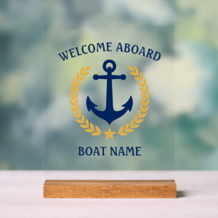Welcome Aboard Boat Name Anchor Gold Laurel Star Acrylic Sign