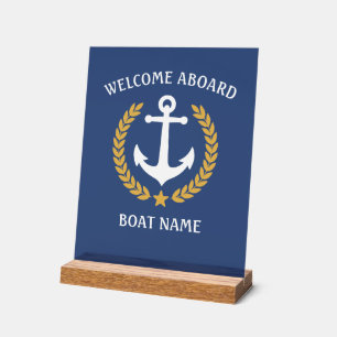 Welcome Aboard Boat Name Anchor Laurel Navy Blue Acrylic Sign