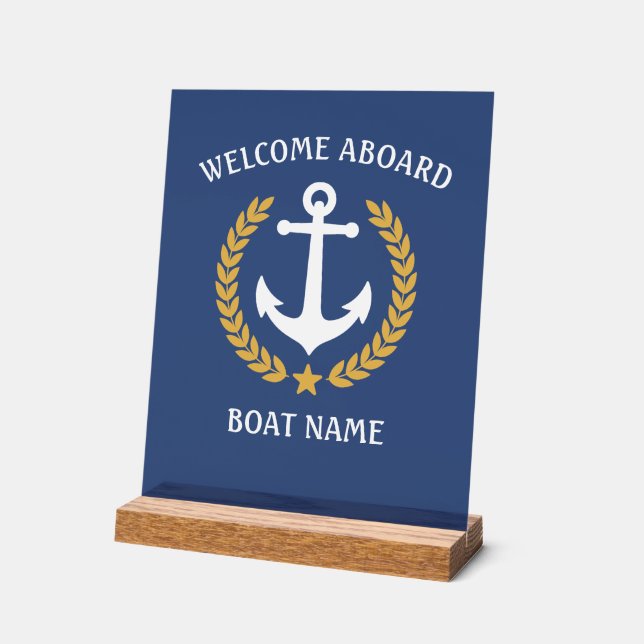Welcome Aboard Boat Name Anchor Laurel Navy Blue Acrylic Sign (Angle)
