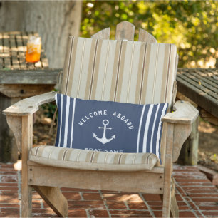 Welcome Aboard Boat Name Anchor Navy Blue White Lumbar Cushion