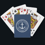 Welcome aboard boat name anchor rope border playing cards<br><div class="desc">Playing cards featuring a white,  elegant anchor and rope emblem with customisable text "welcome aboard" and your boat name on a dark blue background.</div>