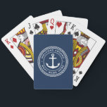 Welcome aboard boat name anchor rope border playing cards<br><div class="desc">Playing cards featuring a white,  elegant anchor and rope emblem with customisable text "welcome aboard" and your boat name on a dark blue background.</div>