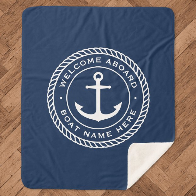 Welcome aboard boat name anchor rope border sherpa blanket (Creator Uploaded)