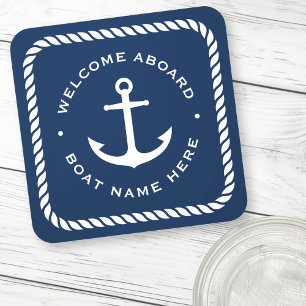 Welcome aboard boat name anchor rope dark blue coaster
