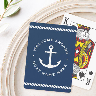 Welcome aboard boat name anchor rope dark blue playing cards